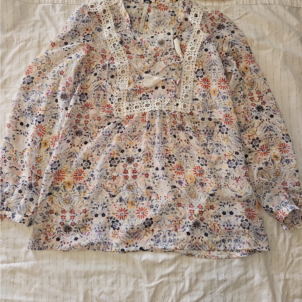 LC Lauren Conrad Multicolor Floral Blouse with Lace Detail